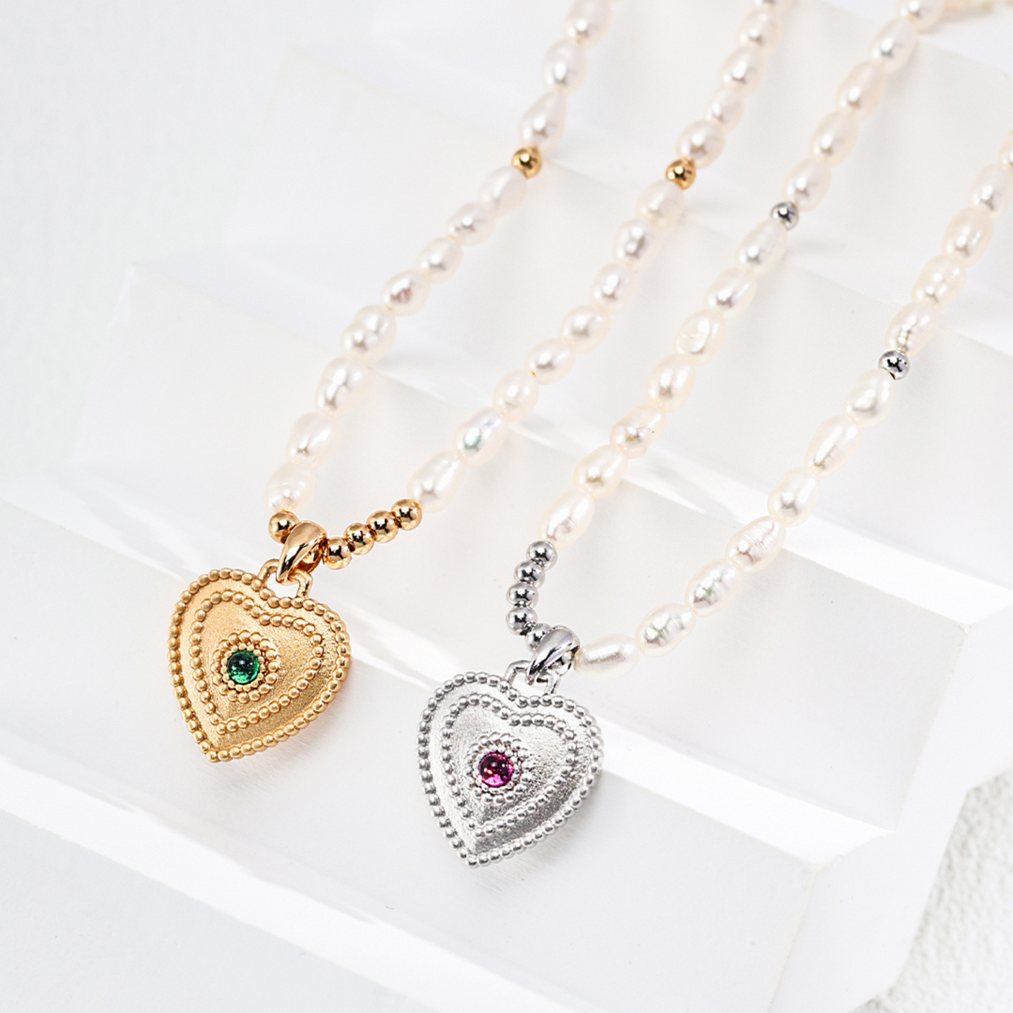 Golden Heart Pendant Pearl Necklace