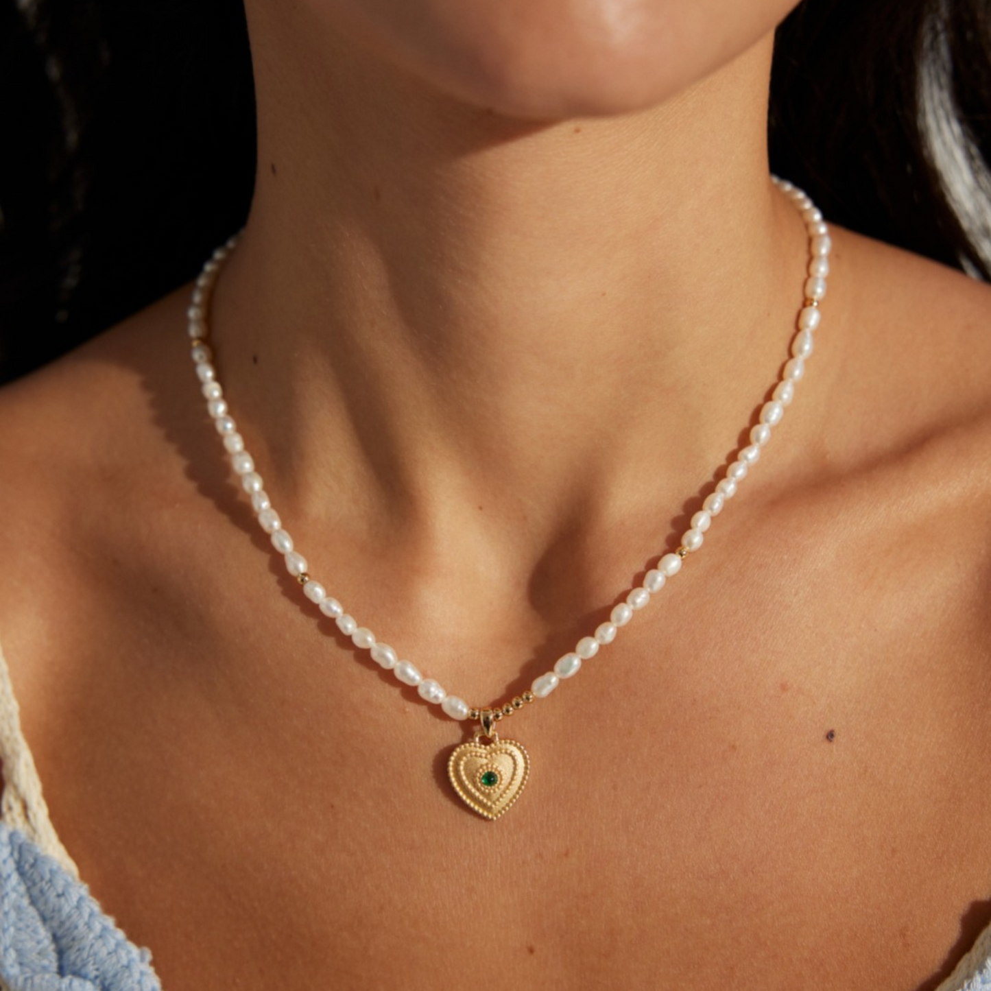 Golden Heart Pendant Pearl Necklace