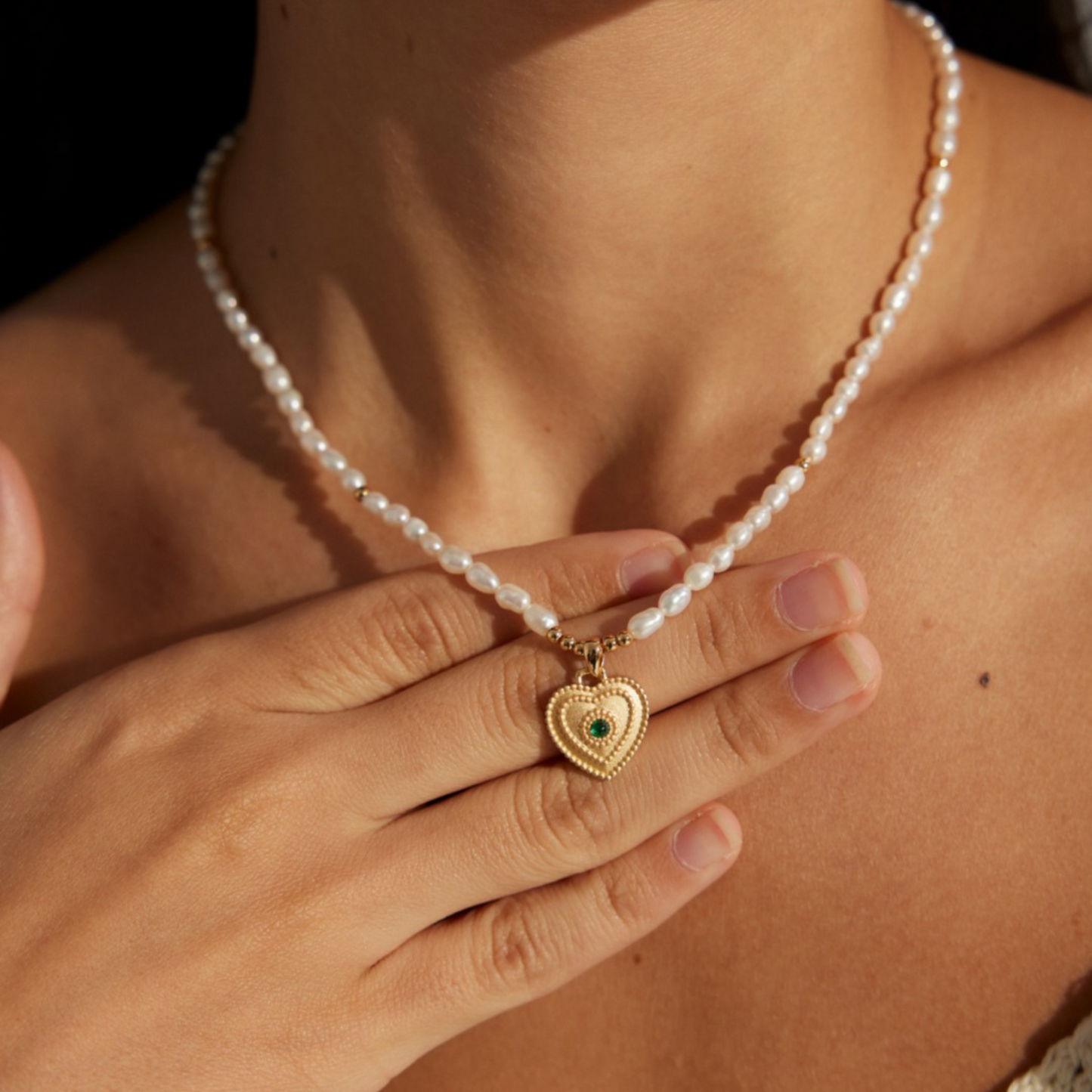 Golden Heart Pendant Pearl Necklace