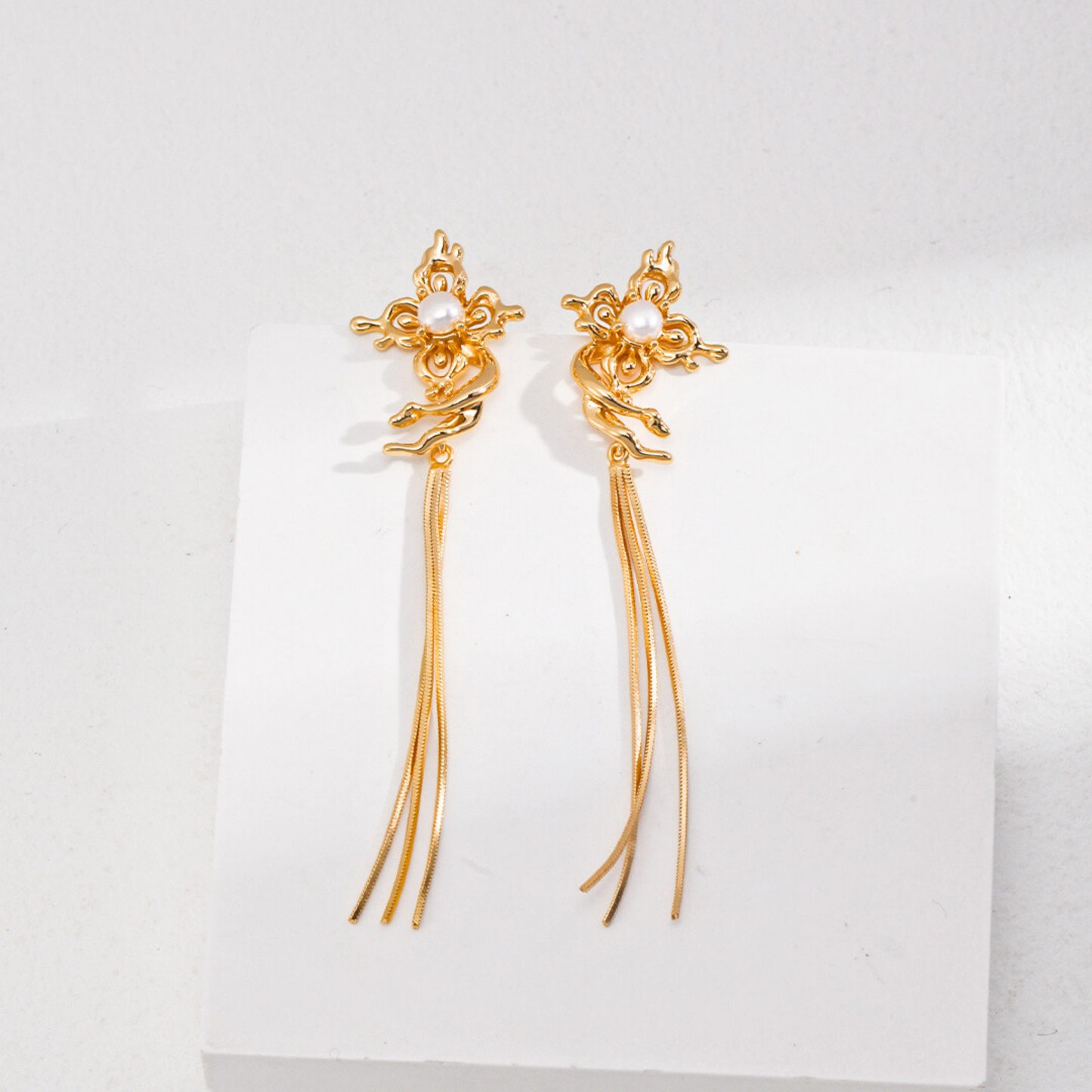 Butterfly Orchid Pearl Tassels Earrings