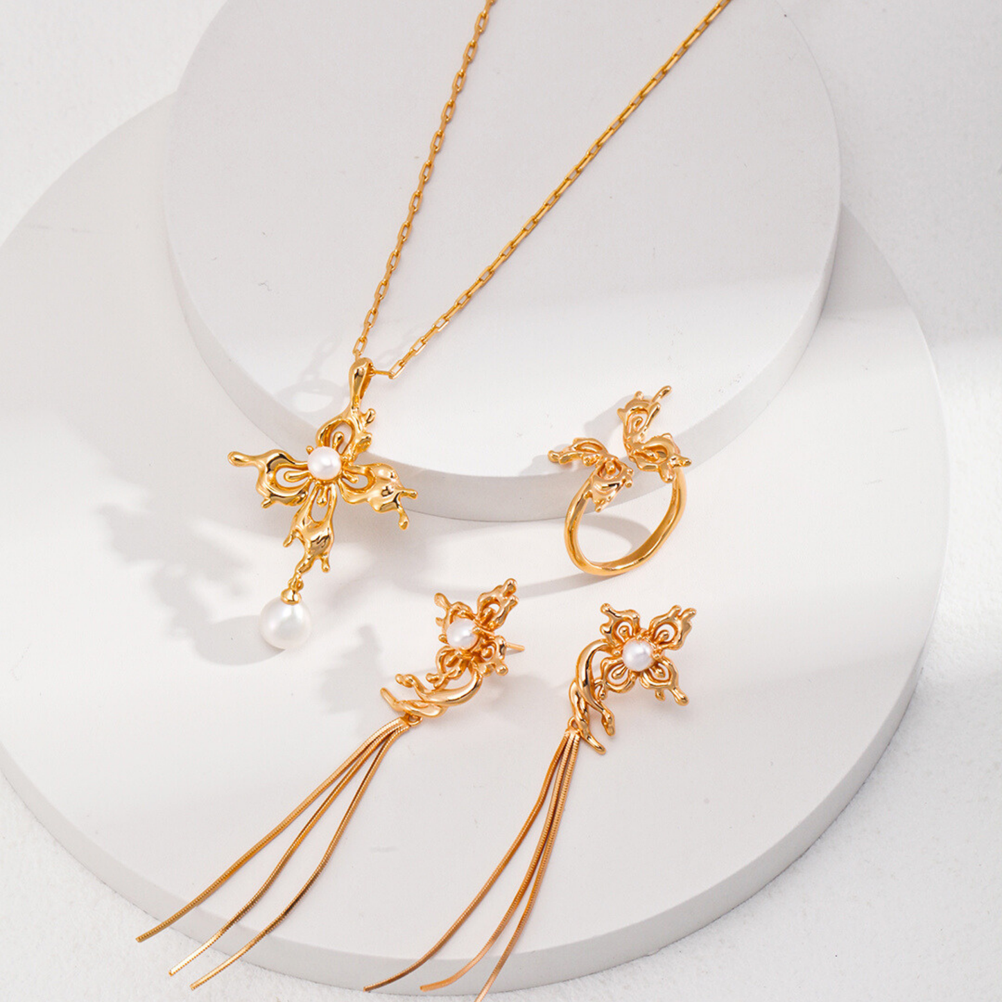Butterfly Orchid Pearl Tassels Earrings