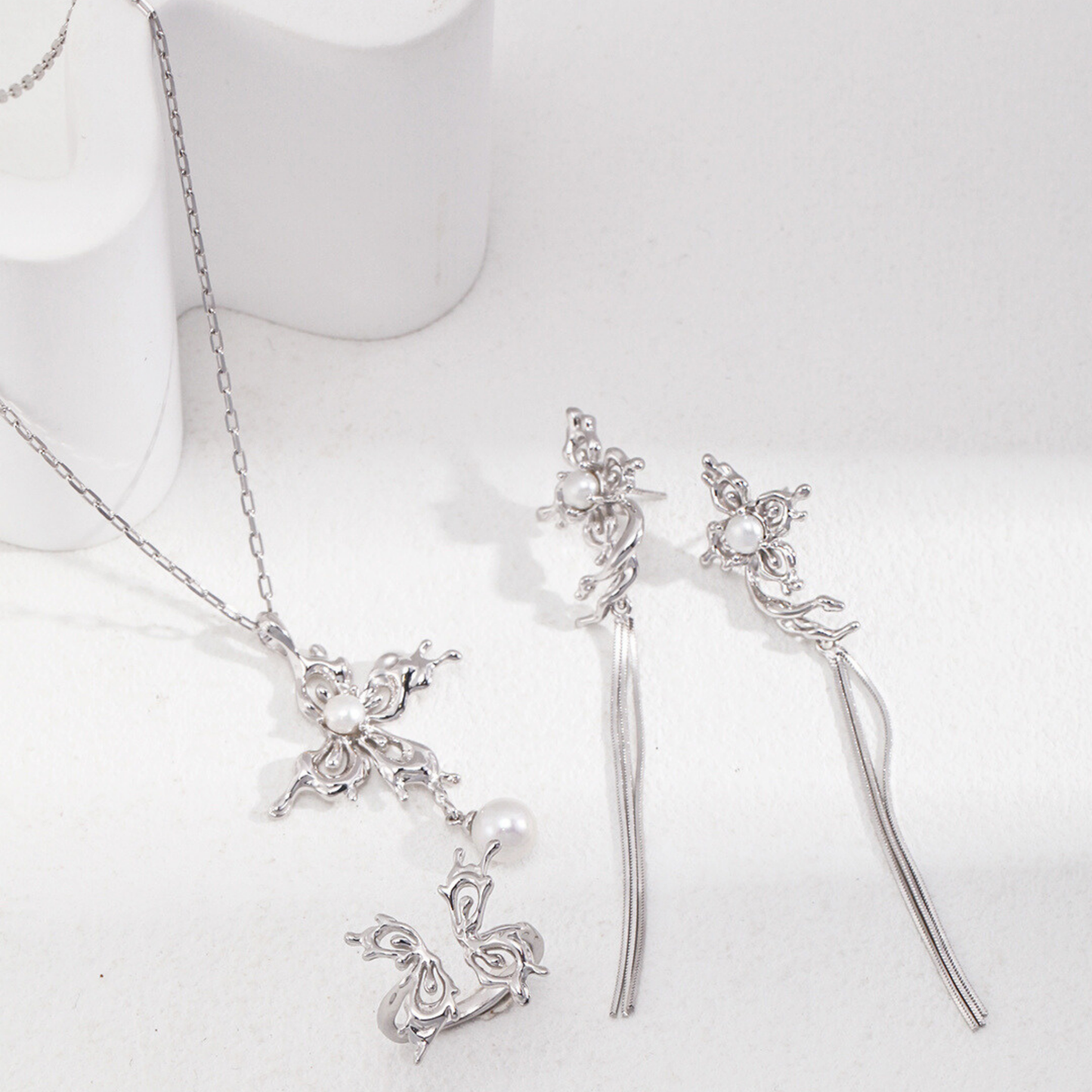 Butterfly Orchid Pearl Tassels Earrings